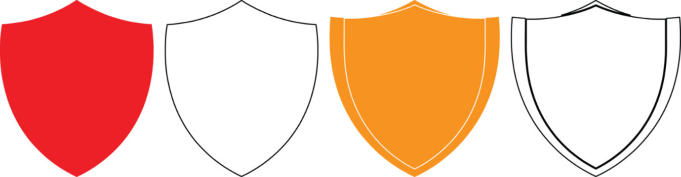 Four shield icons in red orange white and black lines for protection and security concepts on transparent background  simple shapes for design