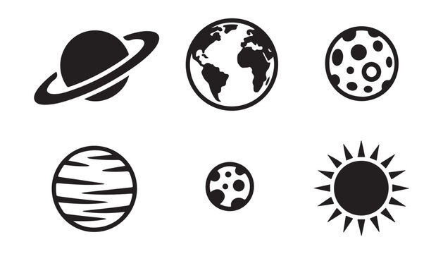 Collection of six space icons featuring planets earth and mars along with sun in flat black style.