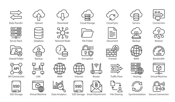 Data technology icons set cloud computing cybersecurity network infrastructure