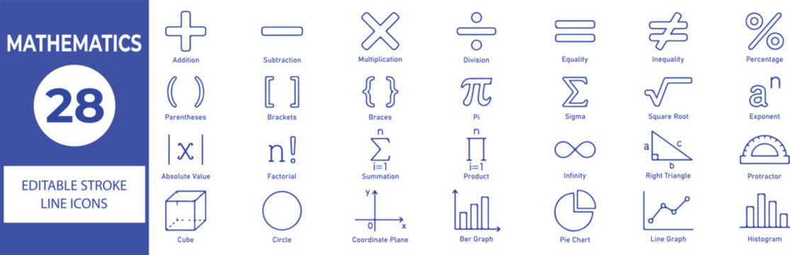 Mathematics Vector Outline Icons Set &ndash; Algebra, Geometry, Statistics and Calculation Line Symbols Collection