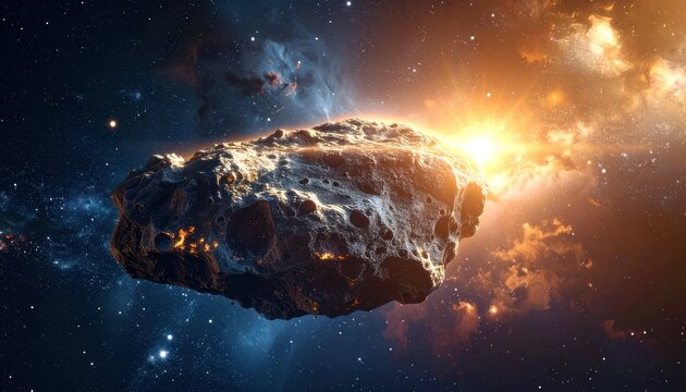 A massive, cratered asteroid glows with internal heat as it drifts through a star-filled nebula, illuminated by a brilliant, unseen sun.