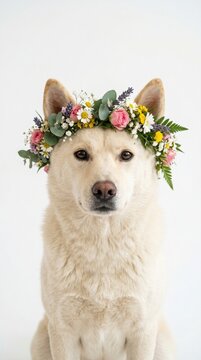 Jindo dog wearing a flower crown