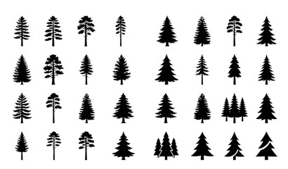 Fototapeta premium Variety of black silhouette pine and fir trees vector collection