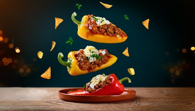 levitating chiles rellenos with ground beef and cheese concepts of latin american food peppers spicy food levitation corn chips ground beef appetizer national food crumbs