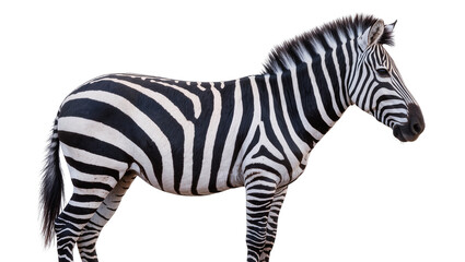 Fototapeta premium Isolated African plains zebra, full body side view, standing gracefully, striped wild animal portrait