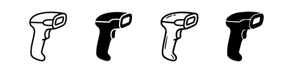 Set of handheld barcode scanner icons in four different styles including outline and solid silhouettes. Perfect for retail, warehouse logistics, and inventory management graphics. © Nort Kor
