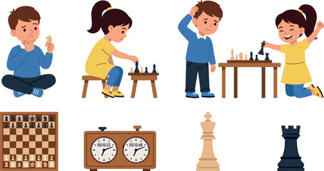 Cute Children Playing Chess Vector Character Set with Thinking Boy, Winning Girl, Chessboard Layout, Vintage Clock, King, and Rook Piece Elements © EdGe Creative