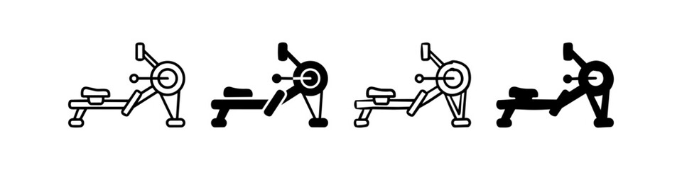 Set of rowing machine icons in four distinct styles including thin line, solid, hand-drawn, and silhouette. Ideal for fitness apps, gym branding, and sports-related graphic design projects. © Nort Kor