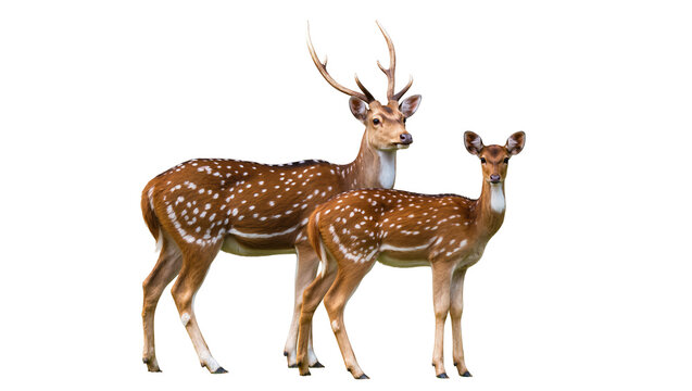 Isolated spotted deer family group, adult buck with young chital deer standing