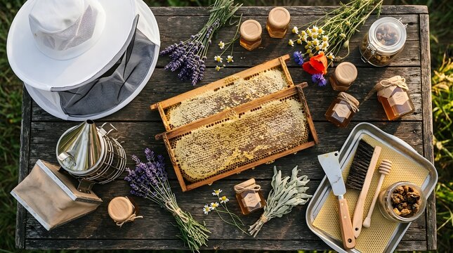 Beekeeping equipment and harvested honeycomb are arranged on a rustic wooden table for a natural harvest display.