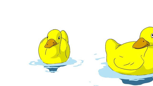 Animated cartoon video of two cute yellow ducklings swimming together in blue water