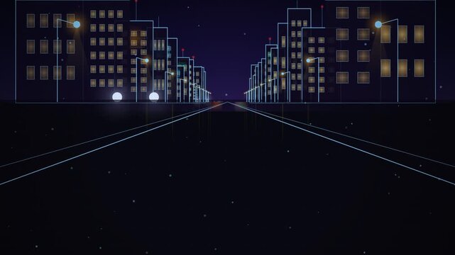 Cartoon animation of driving on a city street at night with glowing white wireframe buildings