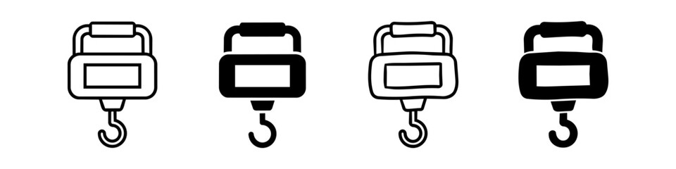 A set of four luggage scale icons in outline, solid, and hand-drawn styles. Perfect for travel apps, baggage check-in graphics, and weight measurement concepts. © Nort Kor