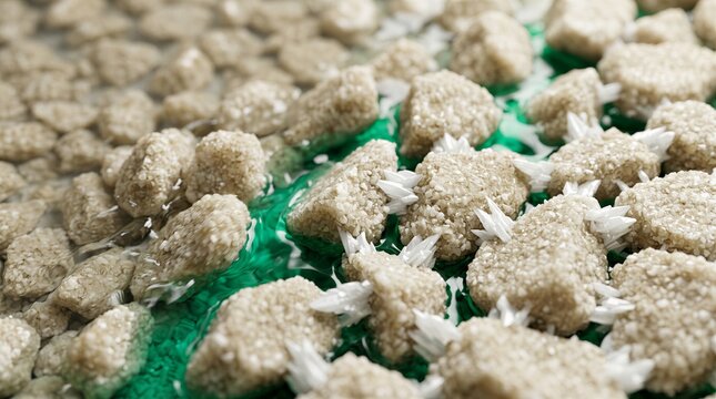 Macro view of green chemical solution or liquid interacting with mineral rocks and aggregates, showing crystal growth or leaching process.