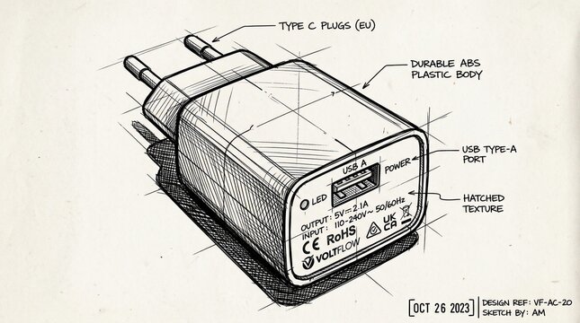Technical sketch of a USB wall charger adapter