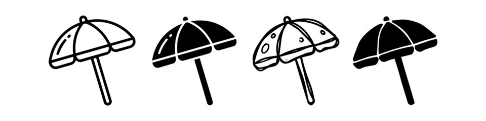 Set of four beach umbrella icons in line art, solid, and doodle styles. Minimalist black and white graphics for summer, travel, and vacation themes. © Nort Kor