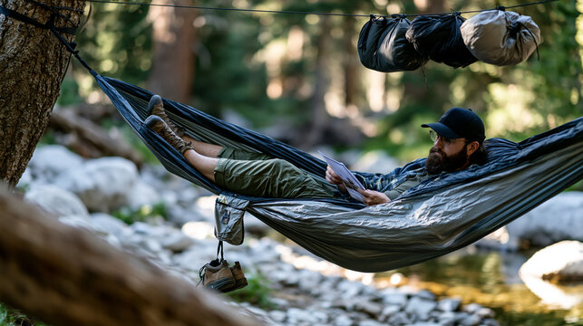 Hammock camper in reading glasses reviewing backcountry permit from suspension hammock strung low over dry creek bed, camp shoes dangling, stuff sacks clipped to ridgeline above, relaxed mature adul