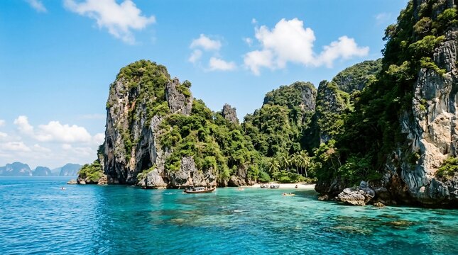 Tropical limestone cliffs and turquoise water in Krabi Thailand