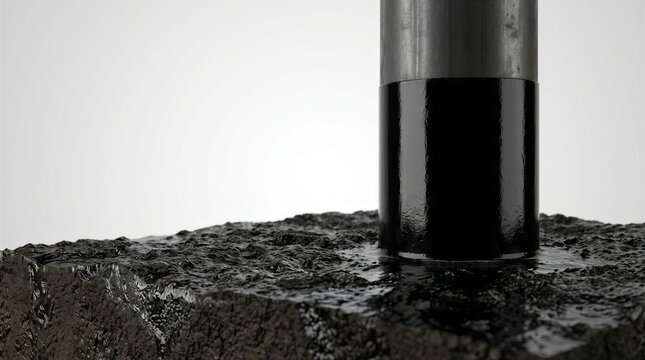 Close-up of a metal pipe or pillar being coated with thick black waterproof bitumen sealant over a rough asphalt or concrete foundation.