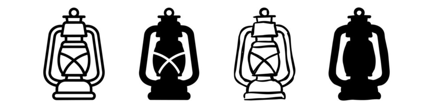Set of four vintage oil lantern icons in line art and silhouette styles on white background.