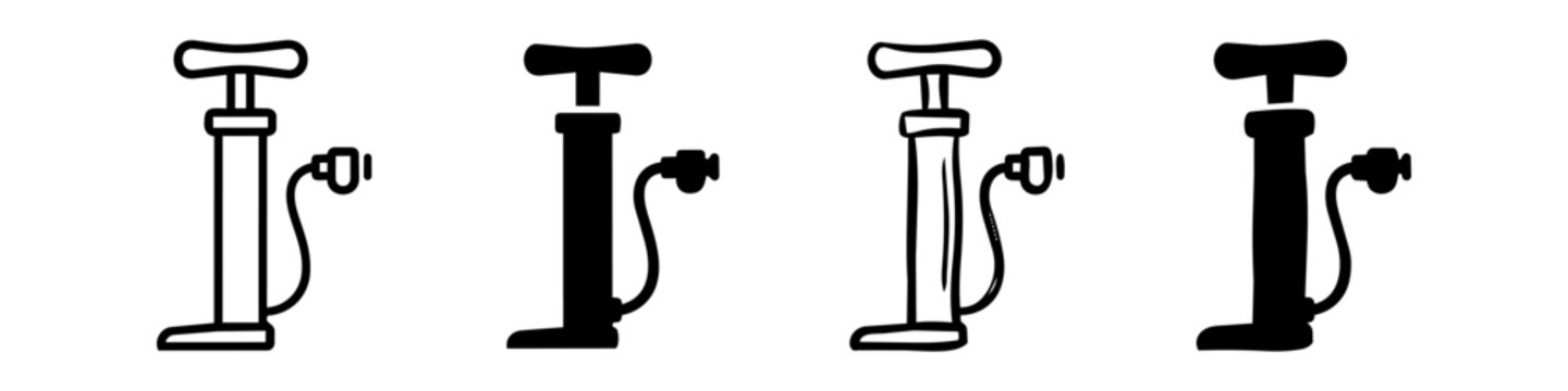 Set of four manual bicycle air pump icons in different styles, including line art, silhouette, and hand-drawn sketch versions on a white background.