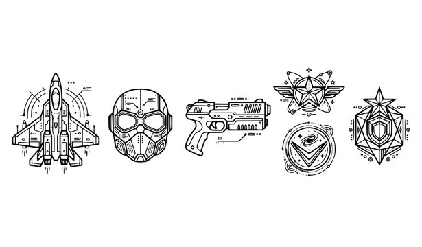 Futuristic space opera line glyph vector icons with laser weapon designs
