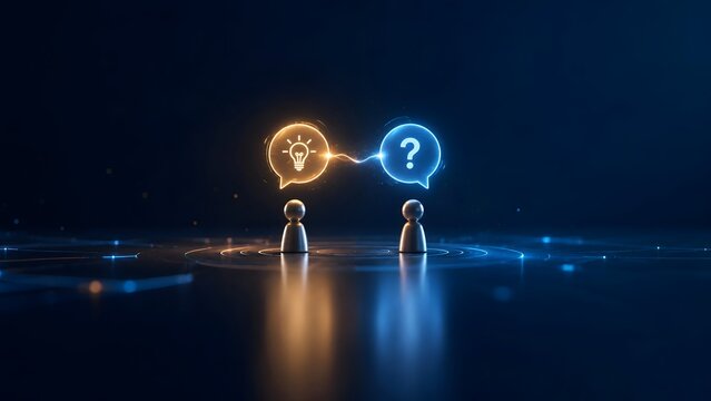 Conceptual Illustration of Idea Exchange and Question Solving Between Two People in Digital Space