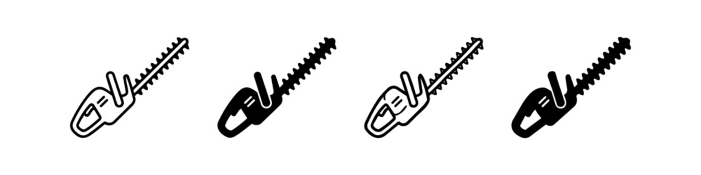 Set of four hedge trimmer line icons in different styles, isolated on white background. Professional gardening and landscaping tool vector illustrations for web and graphic design.