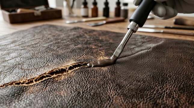 Close-up of a craftsman hand in glove using a spatula tool to apply filler paste and repair a deep tear rip on old wrinkled brown leather.