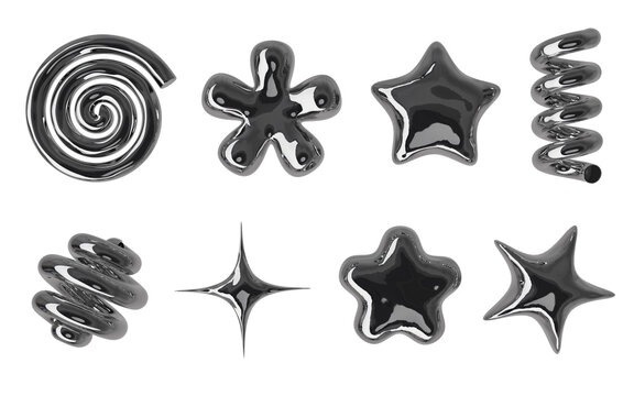 Futuristic black liquid metal 3D geometric shapes and abstract liquid metal elements in Y2K aesthetic