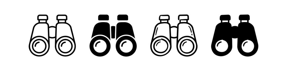 Vector set of binocular icons in multiple styles including outline and solid. Ideal for search, vision, exploration, birdwatching, and outdoor adventure themes. © Nort Kor
