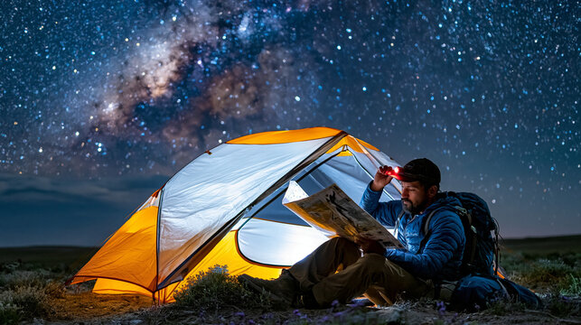 Night sky camper adjusting red-light headlamp to preserve dark adaptation while consulting star chart, tent illuminated behind, remote desert plateau, no light pollution, wide establishing shot, sol