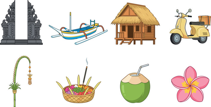 Bali Indonesia Travel Culture Vector Element Set Featuring Candi Bentar Gate, Outrigger Boat, Hut, Scooter, Canang Sari Offering, and Frangipani Flower