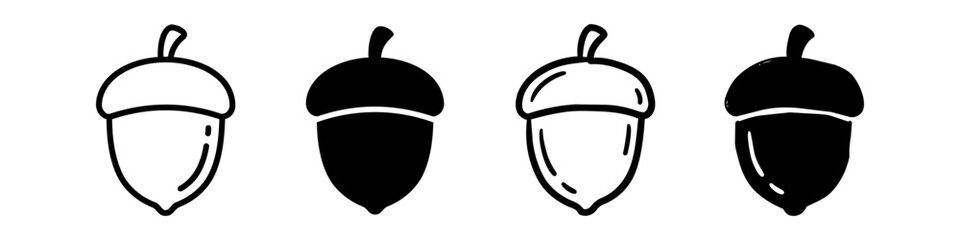 Set of minimalist acorn icons in various styles, including outline and silhouette, ideal for autumn, nature, and forest-themed designs. © Nort Kor