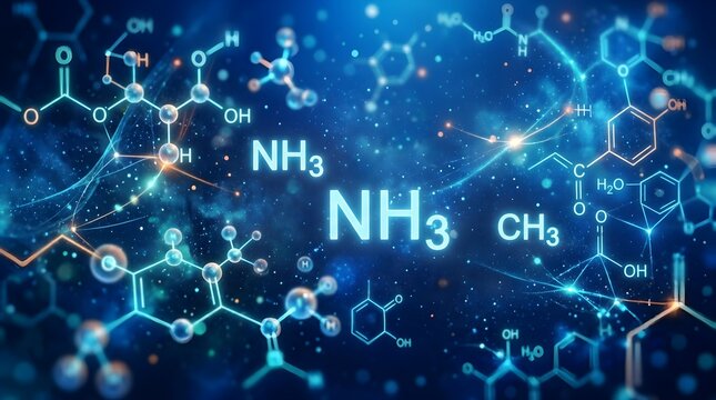 Chemical molecular structures and NH3 formulas on blue background
