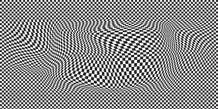 Distorted checkered pattern black and white background design - wavy effect illusion modern vector. red white checkered seamless background. Red white graphic resource checkered pattern.
