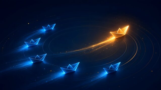 Bright Glowing Paper Boat Leads Group of Blue Boats in Circular Motion
