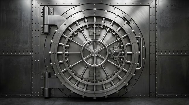 Heavy steel bank vault door with circular locking mechanism