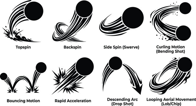 Sports Ball Motion Silhouette Vector Set with Spin Trajectory and Dynamic Movement Effects