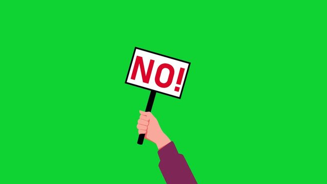 Hand holding NO sign animation on green screen chroma key. decision making concepts.