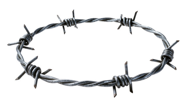 Isolated menacing coiled circular barbed wire ring crafted from sharp twisted metal