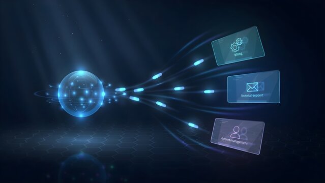 Intelligent AI agent automatically routing customer support tickets across departments, futuristic workflow interface, professional business technology concept