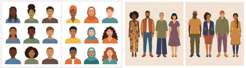 Obraz premium Diverse multicultural people avatars and full body character illustrations set