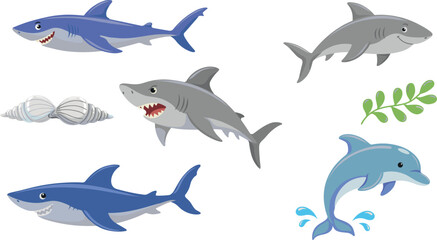 Fototapeta premium Cute cartoon sharks and dolphin vector character set with under the sea elements like seashell and seaweed isolated on white background