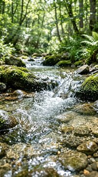 Forest stream flowing over mossy rocks in sunlight