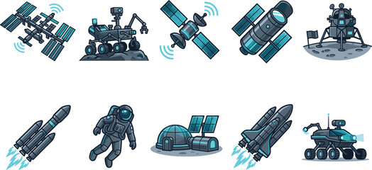 Space Exploration and Technology Vector Icon Set with Satellite Mars Rover Space Station Astronaut and Rocket for Astronomy and Sci Fi Design Layouts © EdGe Creative
