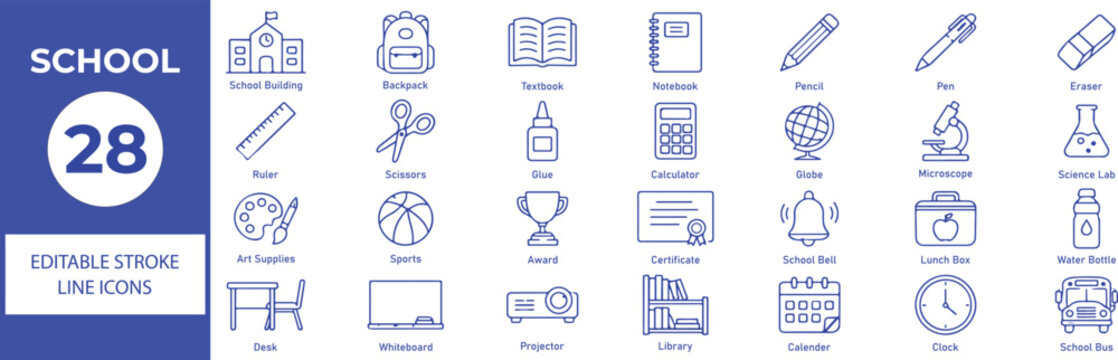 School Vector Outline Icons Set &ndash; Education, Classroom and Student Learning Line Symbols Collection