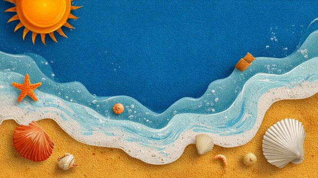 Bright paper craft style beach scene featuring golden sand blue ocean waves shining sun and colorful seashells from above view