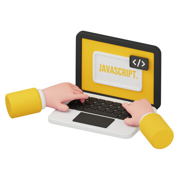 3D rendering of hands typing Javascript code on laptop for web development