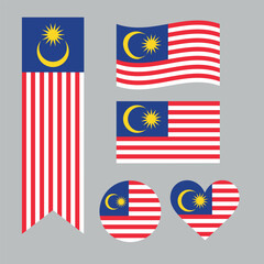 Obraz premium Malaysia flag vector set featuring standard rectangle, waving design, vertical hanging banner, round circle badge, and heart shape isolated on a gray background